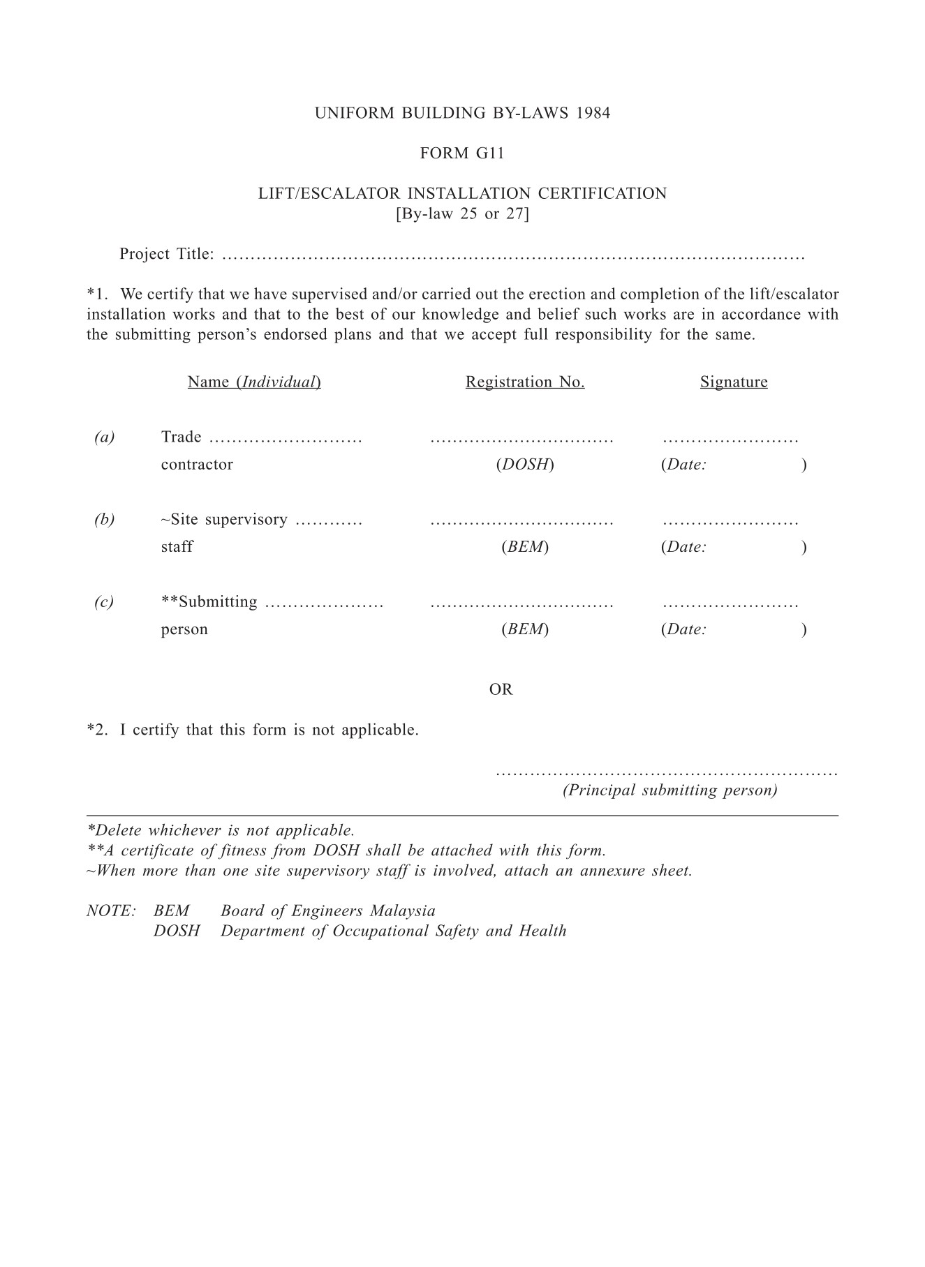 Form G11 LIFT/ESCALATOR INSTALLATION CERTIFICATION